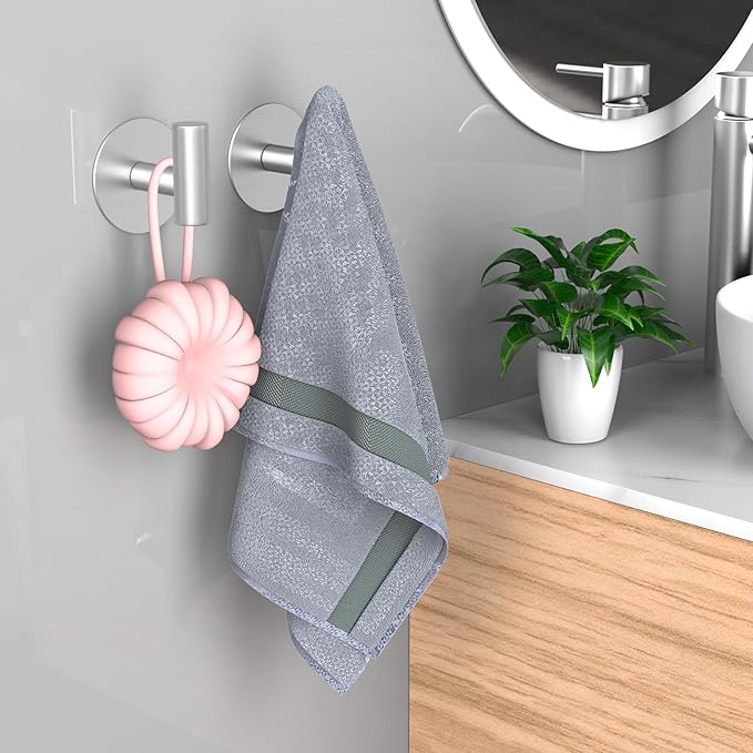 PMMASTO Adhesive Hooks, Matte Stainless Steel Sticky Hooks for Hanging, Self Adhesive Shower Wall Hooks, Towel Hooks Heavy Duty for Bathroom, Bedroom RV and Kitchen (Silver “T ”Shape 2PC-R)