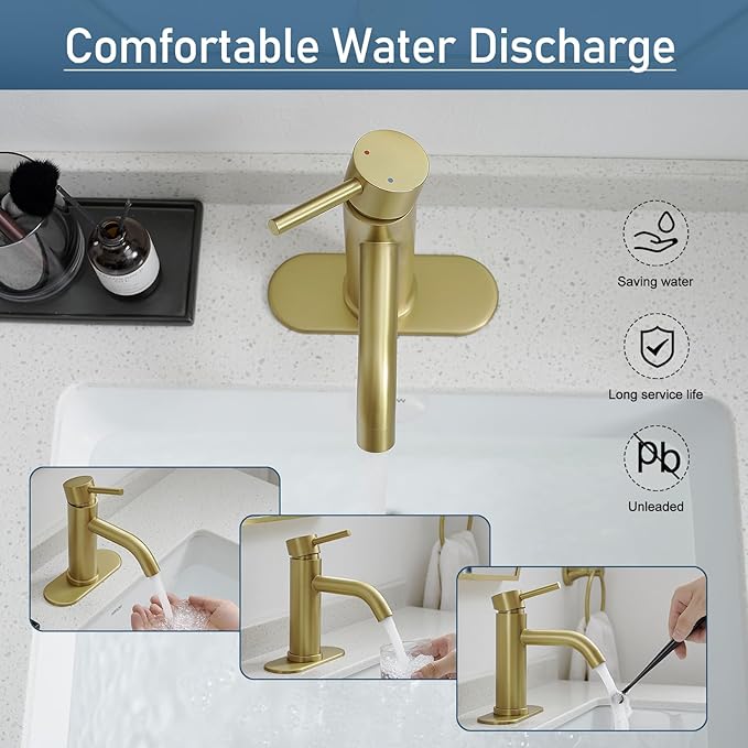 Gold Bathroom Faucets, Modern Single Handle Brushed Gold Vanity Sink Faucet 1 Hole with 3 Hole Deck Plate, Rv Sink Camper Farmhouse Bathroom Utility Remodel Faucet