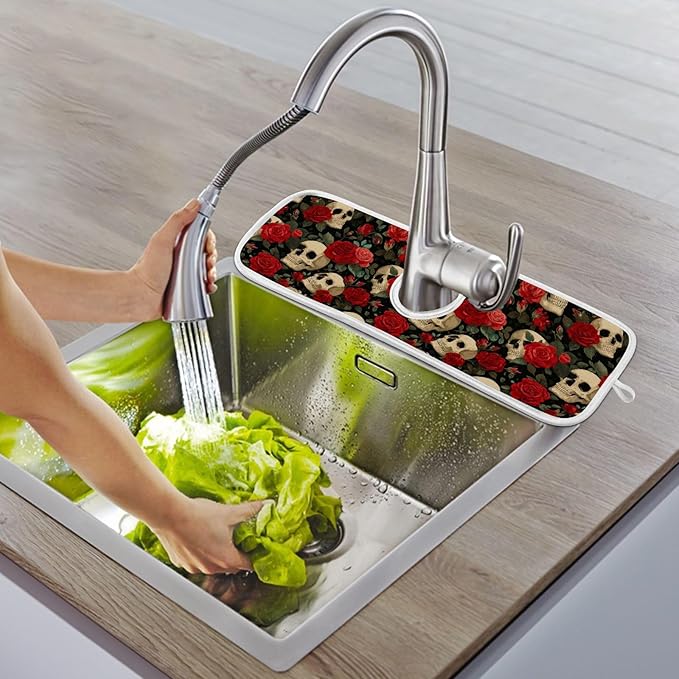 2 PCS Kitchen Sink Splash Guard 30 Inch Faucet Mat for Kitchen Sink Bathroom Sink Faucet Absorbing Drip Drain Mat Pad Microfiber Soft Washable Black Mexico Skulls and Red Roses