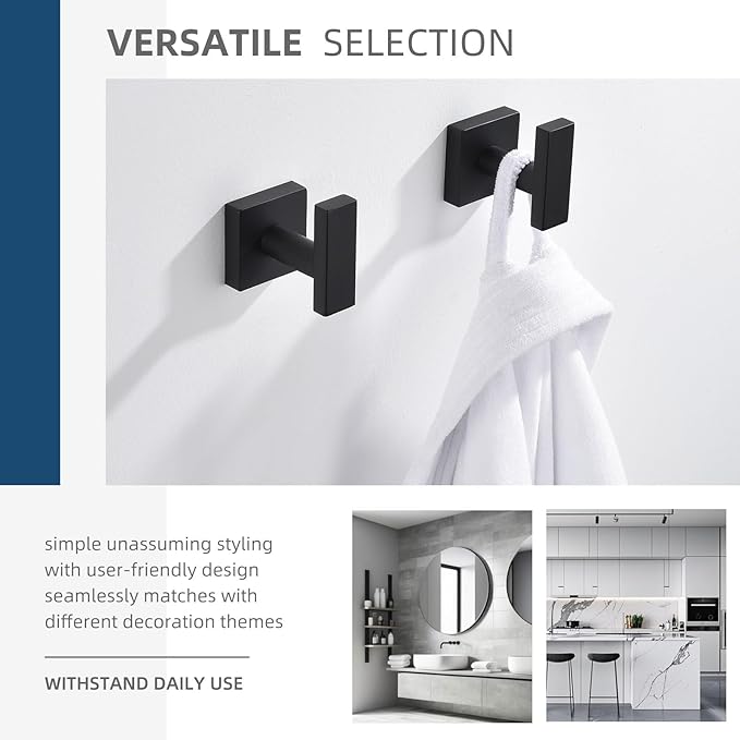 Angle Simple Matte Black Towel Hooks, SUS 304 Stainless Steel Bathroom Wall Hooks for Towel, Robe Coat Holder, 4 Pack