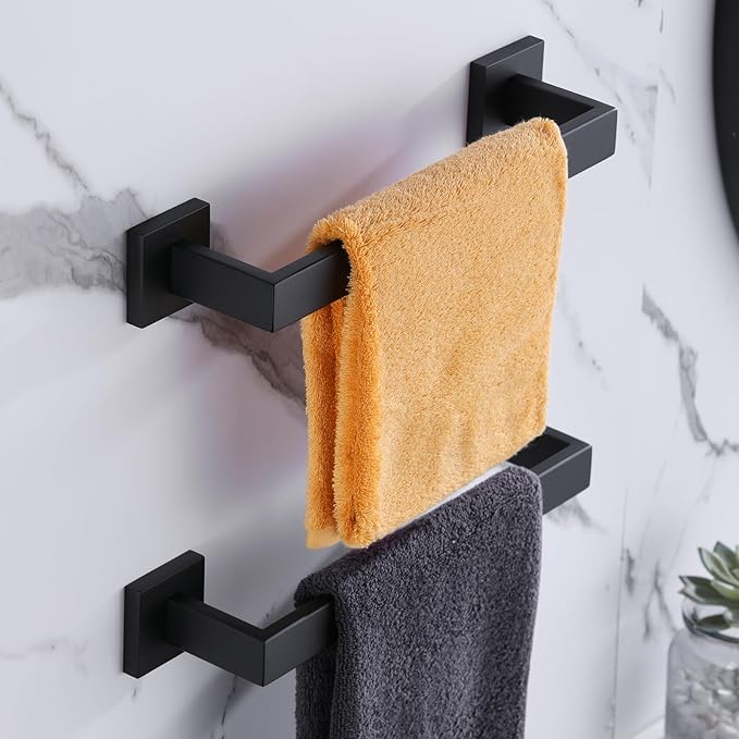 LANC 2 Pack 16-Inch Bathroom Towel Bars, Total-18" Bathroom Square Towel Racks Kitchen Hand Towel Holders SUS304 Stainless Steel Wall Mount Towel Hanger Towel Rods, Matte Black A8804-4MB