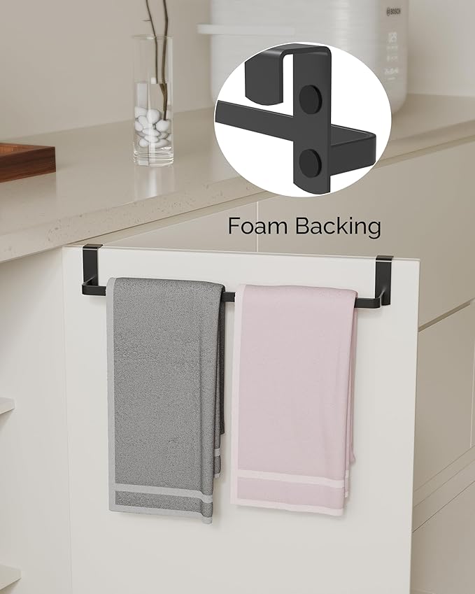 Over Cabinet Towel Rack, 2 Pack 14 Inch Over The Door Towel Bar Towel Hanger for Kitchen, Stainless Steel Over Cabinet Cupboard Kitchen Towel Holder, Foam Protective Mats(Black)