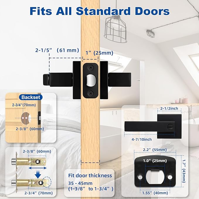 Estmoon 1 Pack Door Handle Black Interior Door Knobs, Keyless Privacy Door Lock for Bathroom, Heavy Duty Zinc Alloy, 2.07 lb Door Lever Set for Bedroom Bathroom