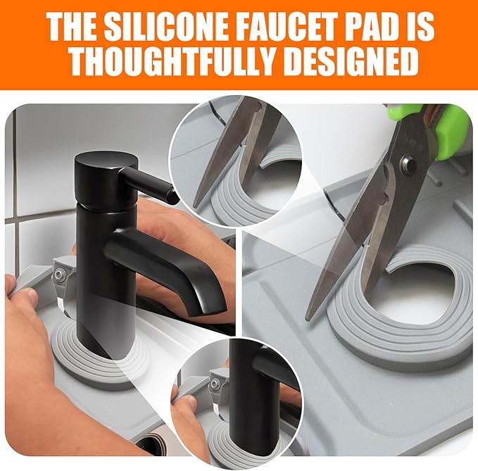 17.7" Gray Button Style Faucet Drip Catcher – Silicone Faucet Mat for Kitchen Sink, Leak-Proof Splash Guard with 6° Slope | Behind Faucet Draining Mat & Easy Gadgets for Bathroom & Kitchen Countertops