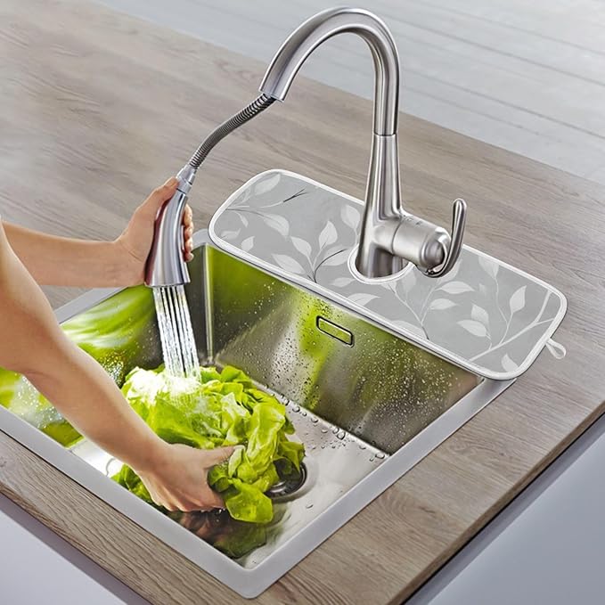 2 PCS Kitchen Sink Splash Guard 14.9 Inch Faucet Mat for Kitchen Sink Bathroom Sink Faucet Absorbing Drip Drain Mat Pad Microfiber Soft Washable Green and Grey Leaves