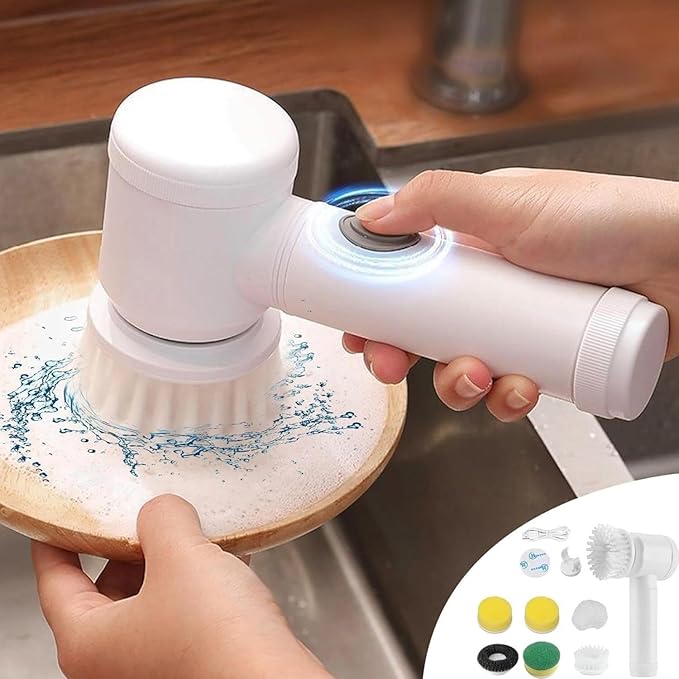 Electric Spin Scrubber, Electric Cleaning Brush with 6 Replaceable Brush Heads, USB Charging Electric Spin Scrubbers with 360° Rotation, Portable Electric Scrubbers Cordless for Kitchen, Bathroom