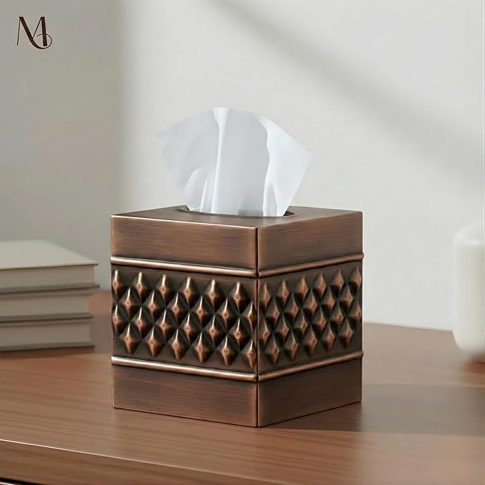 Monarch Abode Tissue Box Cover Square – Handcrafted Geo Embossed Antique Copper Metal Tissue Holder Box for Bathroom Accessory, Aesthetic Decorative Facial Napkin Cube for Modern Home Decor