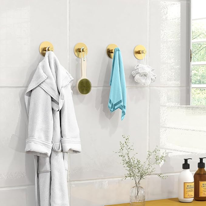 Adhesive Hooks for Walls No Damage 4 PCS, Heavy Duty Aluminum Strong Adhesive Towel Hooks for Bathrooms for Inside Shower for Hanging Loofah, Clothes, Robes