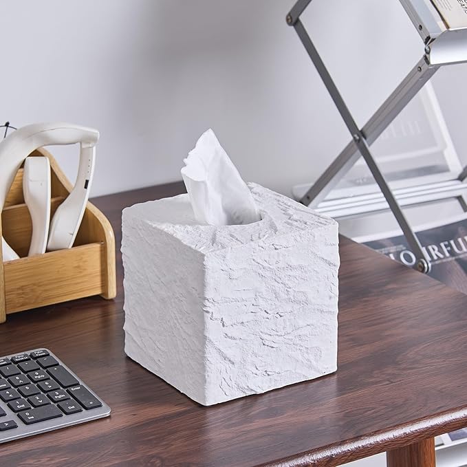Natural Rock Textures Tissue Box Cover Square for Home Decor, Wild Raw Rocks Resin Heavy Cube Tissue Box Holder for Bathroom Countertop, Tabletop, Night Stand, Office Desk (White)