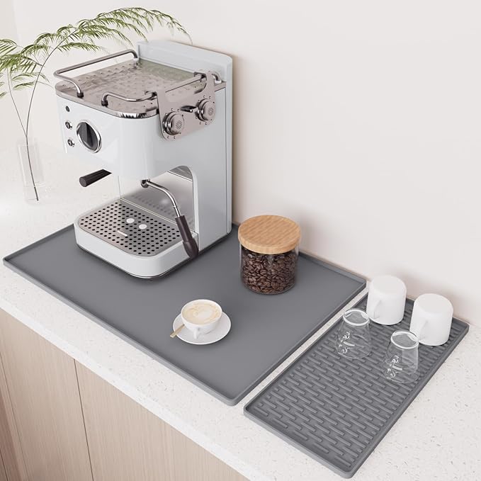 BLESWIN Silicone Coffee Mat, 16x24 Inches - Non-Slip Bar Mat with Raised Edges and Removable Drying Pad, Fits Under Coffee Makers/Espresso Machines, Heat-Resistant Countertop Protector (Grey)