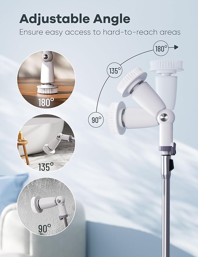 Electric Spin Scrubber,Floor Scrubber with Long Handle Power Scrubber Dual Speeds,Cleaning Brush Cordless,Shower Scrubber Scrub Brush with 3 Adjustable Angles,8 Brush Heads for Bathroom,Tile
