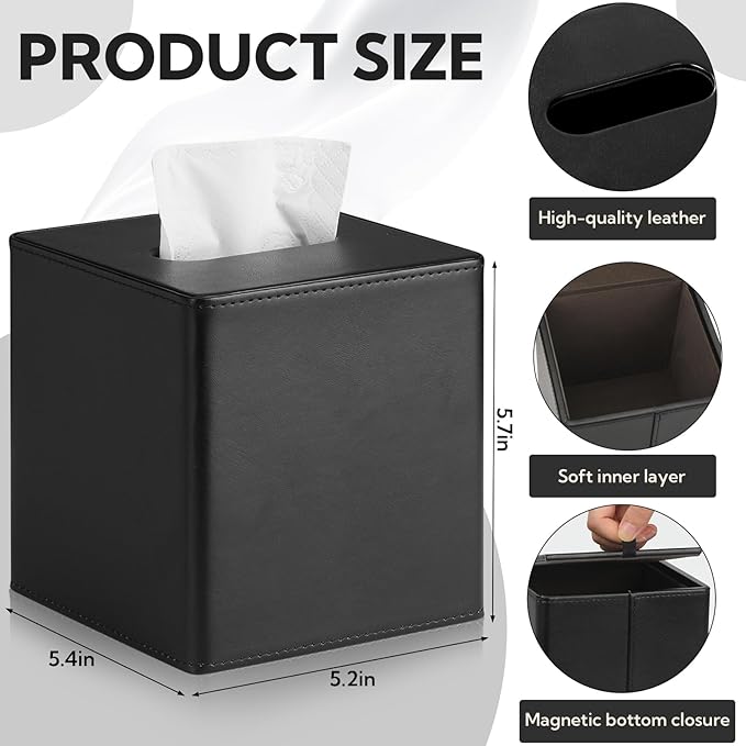 2 Pack PU Leather Tissue Box Cover Square Tissue Box Holder with Magnetic Closure, Black Tissue Box Cover, Black Tissue Box Holder, Decorative Tissue Holder for Bathroom Bedroom Office