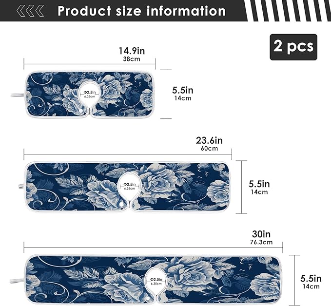 2 PCS Kitchen Sink Splash Guard 14.9 Inch Faucet Mat for Kitchen Sink Bathroom Sink Faucet Absorbing Drip Drain Mat Pad Microfiber Soft Washable Navy Blue Roses and Butterflies