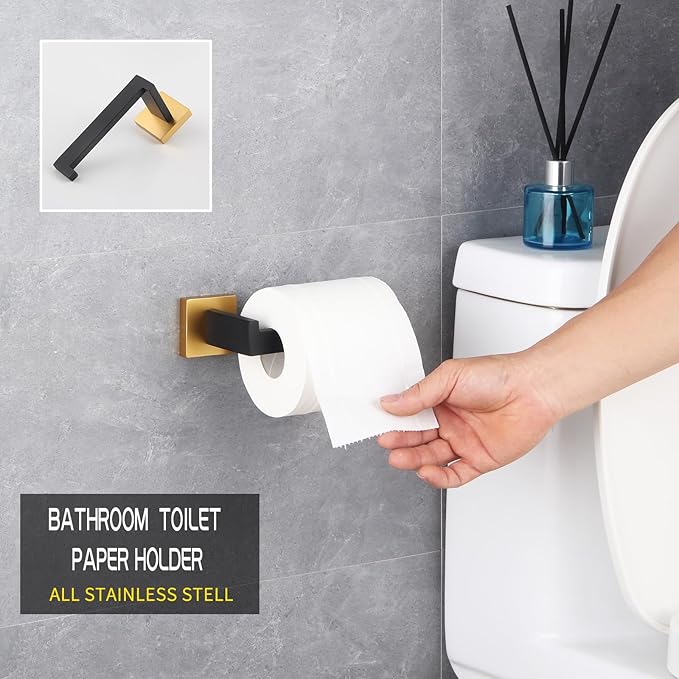 GERZWY Bathroom Hardware Accessories Sets Stainless Steel 3-Pieces - Robe Hook Toilet Paper Holder Towel Ring (Black & Gold) FG16567-3BD