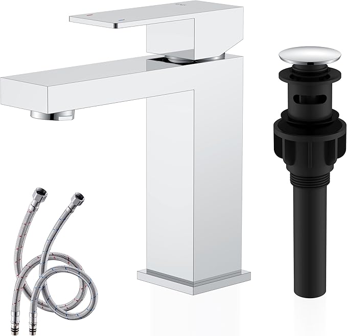 KENES Chrome Bathroom Faucet Single Handle Bathroom Sink Faucet Lavatory Vanity Faucet with Pop Up Drain & Water Supply Lines LJ-9031-5