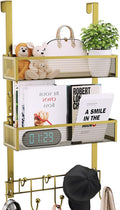 Consumest Over The Door Hooks Organizer - Extra Long Door Hanger with 9 Coat Hooks & 2 Mesh Basket, Back Storage Organizer Hanging Towels for Bathroom, Bedroom, Gold (for 1.76 in Doors)