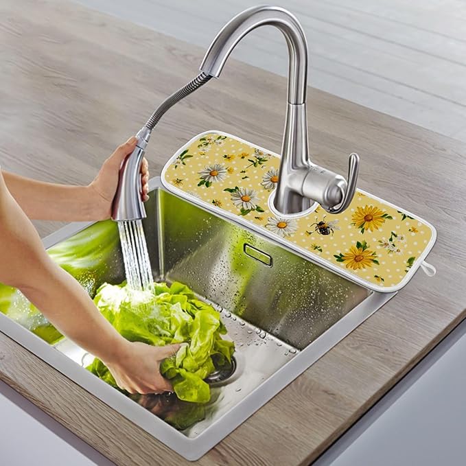 2 PCS Kitchen Sink Splash Guard 23.6 Inch Faucet Mat for Kitchen Sink Bathroom Sink Faucet Absorbing Drip Drain Mat Pad Microfiber Soft Washable Yellow and Green Daisy Bees