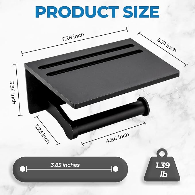 Toilet Paper Holder with Shelf + 2 PCS Towel Hooks - Self Adhesive Toilet Paper Storage - Tissue Roll Holder with Phone Shelf - Wall Mount Toilet Roll Bathroom Organizer - Black