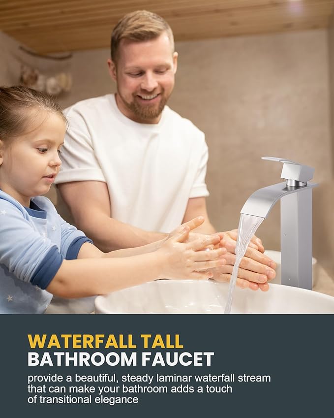 Vessel Sink Faucet Brushed Nickel: ARCORA Single Hole Tall Bathroom Faucet, Single Handle Tall Waterfall Bathroom Faucet with Pop Up Drain and cUPC Supply Lines