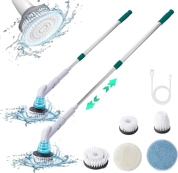 Generic Electric Scrubbers for Bathroom Floor Tile USB 1500mAh Wireless with Adjust Extension Handle 3h Long-Lasting Cleaning Brush Multifunctional Electric Bathroom Brush, Green