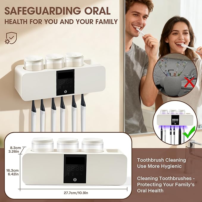 Smart 6-Slot Toothbrush Holder with Hygiene System, LED Display & 3 Cups – Wall-Mounted & Rechargeable, White