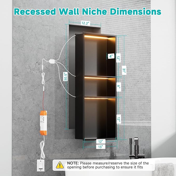 Black Stainless Steel Shower Niche with LED Lights 12" x 30" – Recessed Shower Shelf with 3-Tier Storage, Waterproof & Rustproof Bathroom Wall Niche