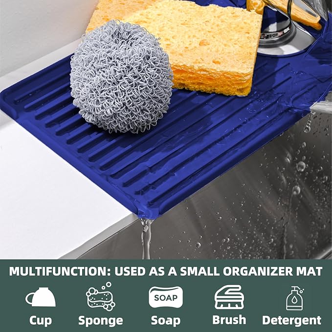 Faucet Mat for Kitchen Sink, Silicone Faucet Handle Drip Catcher Tray, Drying Mat as Sponge and Soap Holder with Lateral Inflow for Kitchen Bathroom Farmhouse & RV Sink Accessories (Blue)