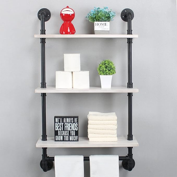 MBQQ Iron Pipe Shelves Industrial Bathroom Shelves with Towel bar,24in Rustic Metal Pipe Floating Shelves Pipe Wall Shelf,3 Tier Industrial Shelf Wall Mounted,Black & White