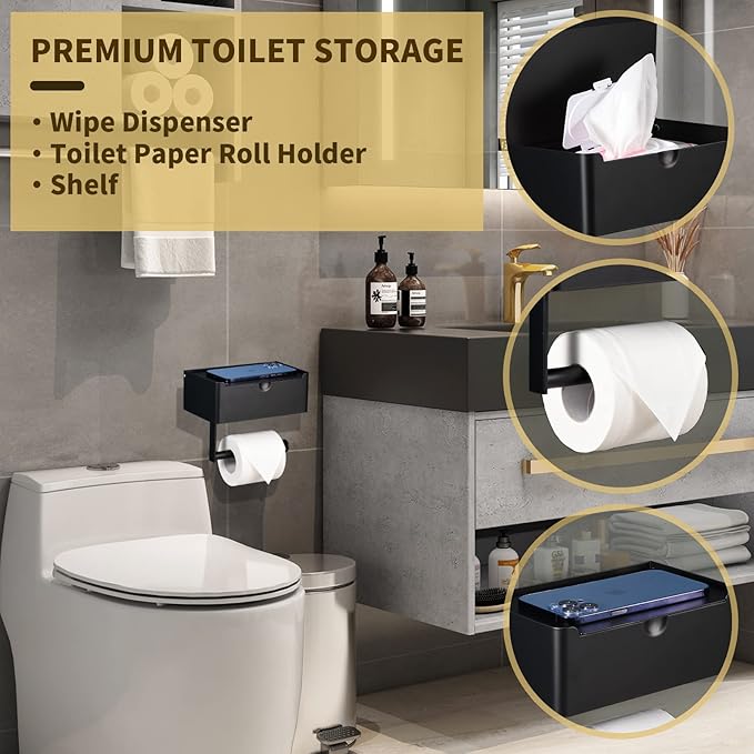 Toilet Paper Holder with Shelf, Wipe Holder for Bathroom, Large, Stainless Steel, Wall Mounted, Matt Black, Upgraded Toilet Paper Holder