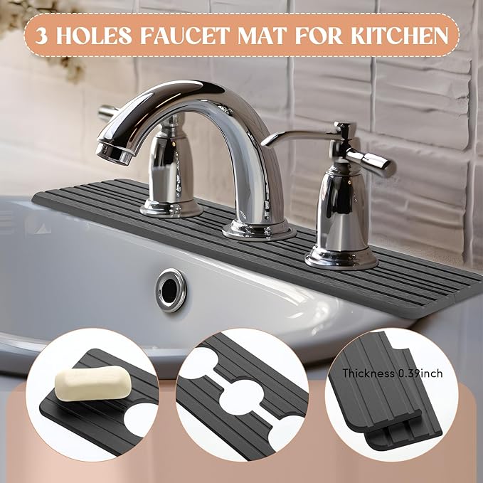 3 Hole Gray Faucet Mat for Kitchen Sink 16.1 x 5 Kitchen Faucet Absorbent Mat Diatomite Splash Guard for Sink Quick Drying Stone Drip Catcher for Bathroom Counter