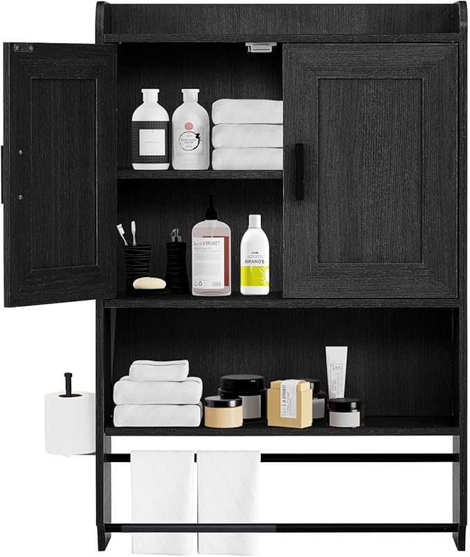 Bathroom Wall Cabinet, Wooden Medicine Cabinet Over the Toilet with Adjustable Inner Shelf, Wall Mounted Cabinet with Doors for Bathroom Storage, Hanging Cabinet for Wall with Towels Bar (Black)