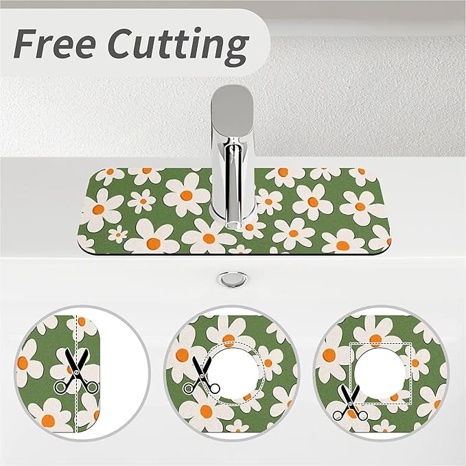 Kitchen Sink Splash Guard，White daisy Faucet Mat Sink Gadgets-Super Absorbent Fast Drying Mat Drip Catcher for Kitchen, Bathroom,Sink Mat, Dish Drying Mat, Bathroom(15" X 5.5" )