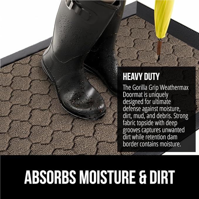 GORILLA GRIP 100% Waterproof All-Season WeatherMax Doormat, 34x58, US Designed Natural Rubber, Stain and Fade Resistant, Low Profile Indoor Outdoor Door Mats, Easy Clean Patio Mat, Latte Quatrefoil