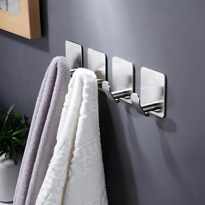 DELITON Adhesive Hooks - 4 Pack Towel Hooks Brushed Stainless Steel, Wall Hooks for Hanging Towels, Clothes, Keys, Stick to Bathroom, Kitchen or Bedroom