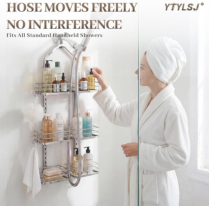 Aluminum Alloy Hanging Shower Caddy for Handheld Shower Heads, 3-Tier Adjustable Shower Rack, Rustproof Hose Hanging Shower Organizer with 2 S-Hooks, Silver