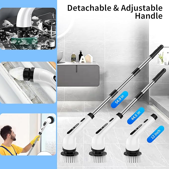 Electric Spin Scrubber Cordless Cleaning Brush with Extension Handle, 2 Adjustable Speeds, Shower Scrubber with 10 Replaceable Brush Heads, IPX7 Waterproof Power Scrubber for Bathtub Tile Floor, White
