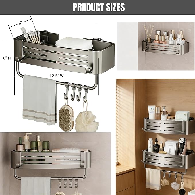 Corner Shower Shelf Caddy Suction Cup, No Drill Hole with Towel Bar and Hook, Gray Bathroom Storage Rack, Zero Drill Square Shelves, Store Toiletries and Bath Towel for Bathroom Kitchen RV