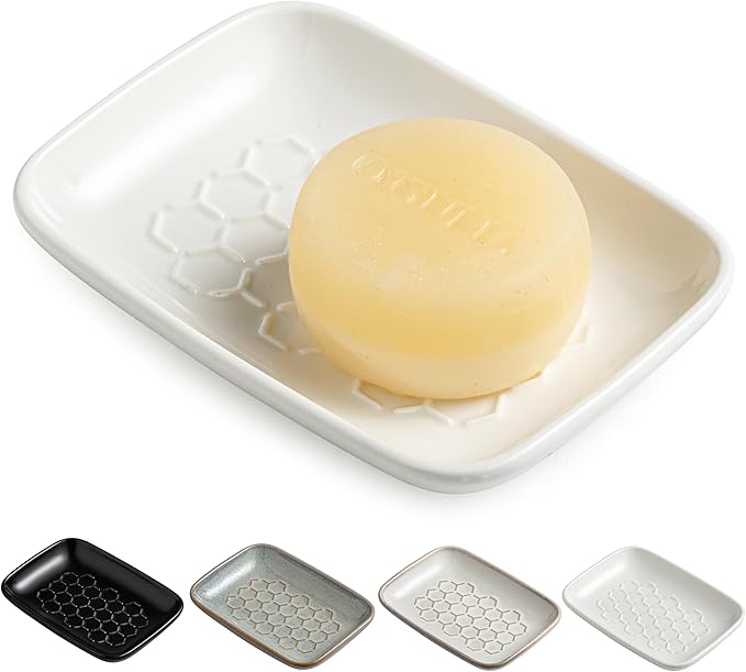 Gomakren Soap Dish for Shower, Ceramic Bar Soap Holder with Honeycomb Design - Soap Saver Tray for Bathroom Kitchen Sink, Sponge & Organizer Tray, Upscale Look, 5.5 Inch, White