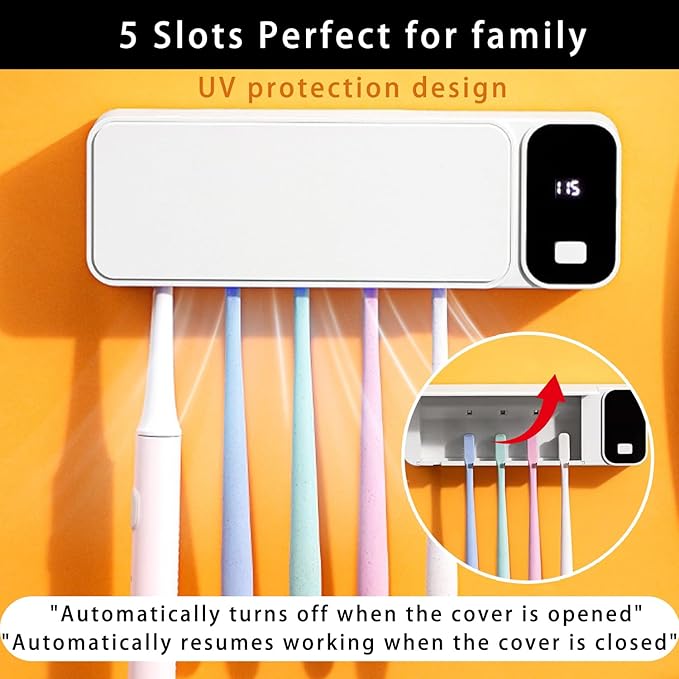 Sanitizeri Toothbrush Cleaner with 5 Slots, Rechargeable Wall Mounted Toothbrush Holders for Bathroom Family, No Drilling Smart Timer Function Auto Cleaning, Birthday Gift Pick
