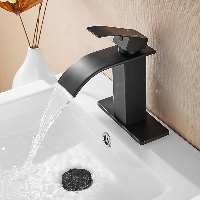 FRANSITON Black Waterfall Bathroom Faucet Lavatory Single Handle 1 or 3 Hole Bathroom Sink Faucet Washbasin Faucet with Deck and Pop-up Drain (Matte Black- Set of 2, Short)