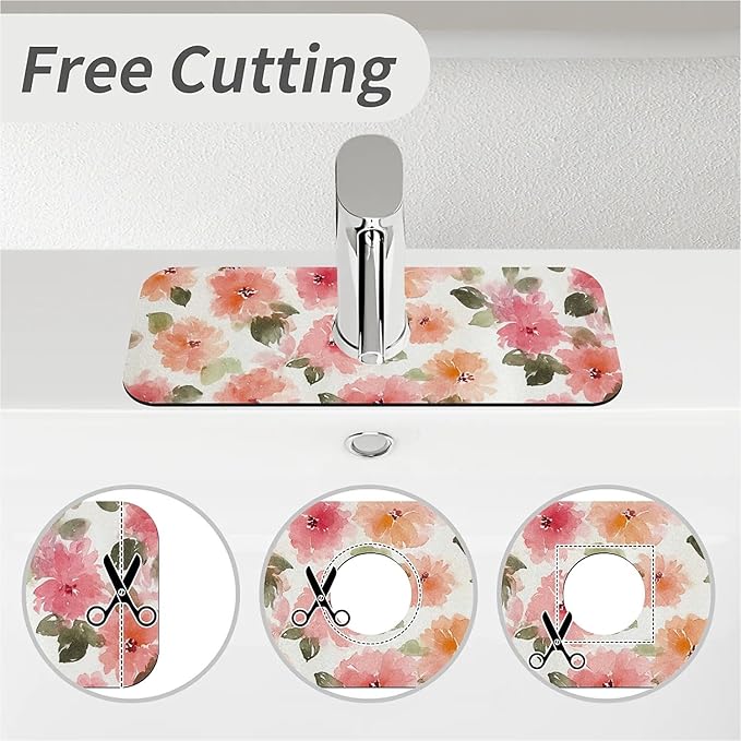 Kitchen Sink Splash Guard，Soft watercolor flowers Faucet Mat Sink Gadgets-Super Absorbent Fast Drying Mat Drip Catcher for Kitchen, Bathroom,Sink Mat, Dish Drying Mat, Bathroom(15" X 5.5" )
