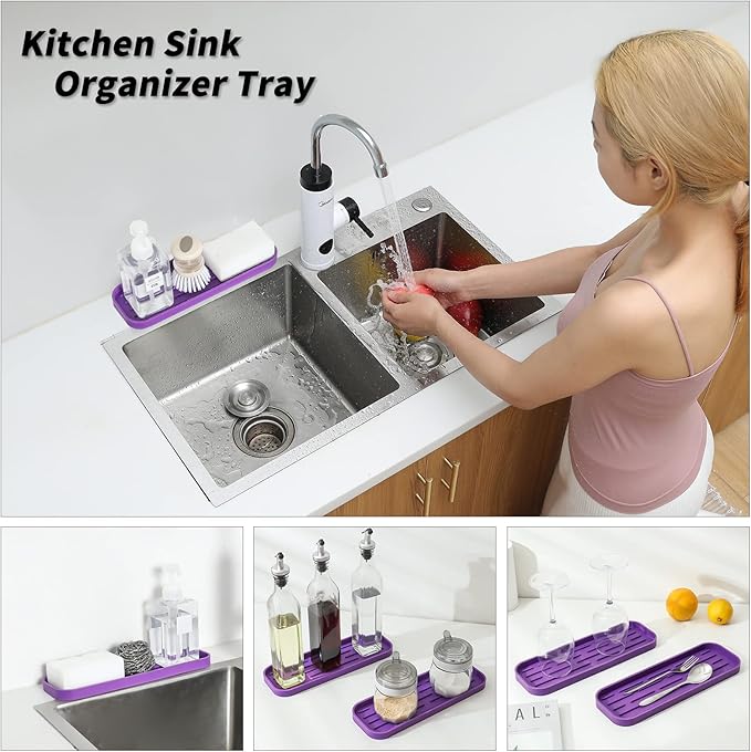 Silicone Kitchen Sink Organizer Tray for Multiple Usage,Eco-Friendly Sponges Holder for Kitchen Bathroom Counter or Sink,Dish Soap Dispenser,Scrubber,Bottle,Cup (Purple, 12"×4")