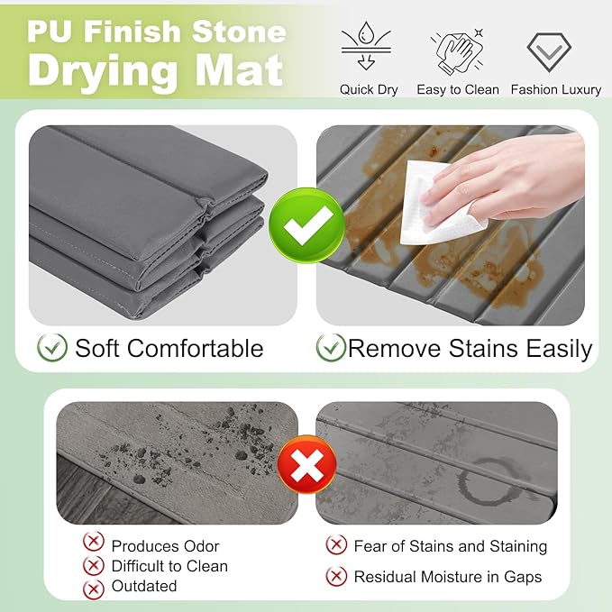 Large Stone Drying Mat for Kitchen Counter, Ultra Absorbent Diatomaceous Earth Mat with PU Leather Cover Fast Drying Collapsible, Dish Mats for Dishes Buttles Cups Countertop Gray 23.6"x15.3"