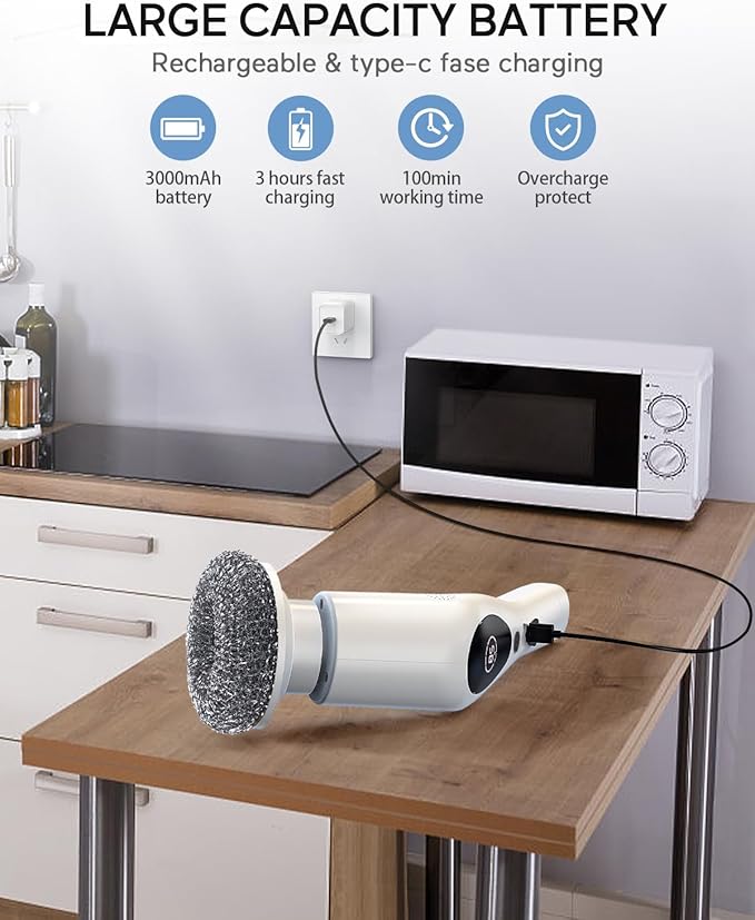 Electric Spin Scrubber, Cordless Voice Prompt Cleaning Brush with 9 Replaceable Brush Heads, 3 Adjustable Speeds Shower Scrubber with Extension Long Handle for Bathroom Floor Tile