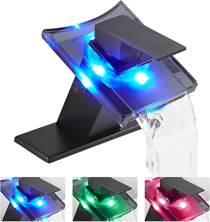 Black Bathroom Sink Faucet LED Light 3 Colors Changing Waterfall Glass Spout Hot and Cold Water Mixer Single Handle One Hole Deck Mounted Bathroom Faucet Lavatory Vanity Basin Mix Tap Commercial