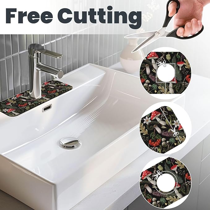 Forest Mushroom Mushrooms Leaves Flowers Kitchen Sink Splash Guard Faucet Mat Super Absorbent Fast Drying Mat Sink Gadgets-Fast Drying Pad Sink Mat For Kitchen Bathroom (15" X 5.5" )
