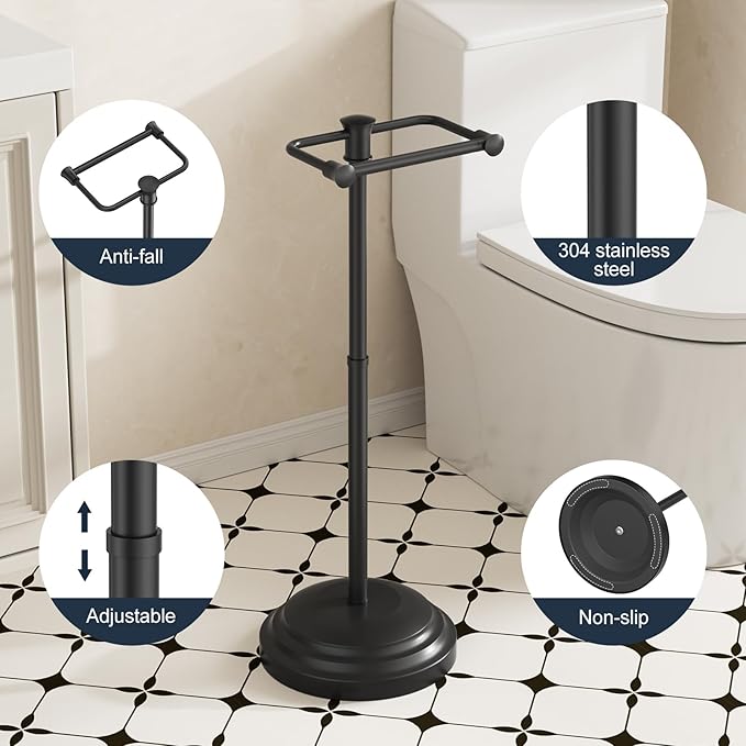 Bathroom Toilet Paper Holder Stand, Matte Black Toilet Paper Holder Free Standing, Stainless Steel Pivoting Toilet Tissue Roll Holder，Adjustable Height (14 to 24 Inch) Paper Holder