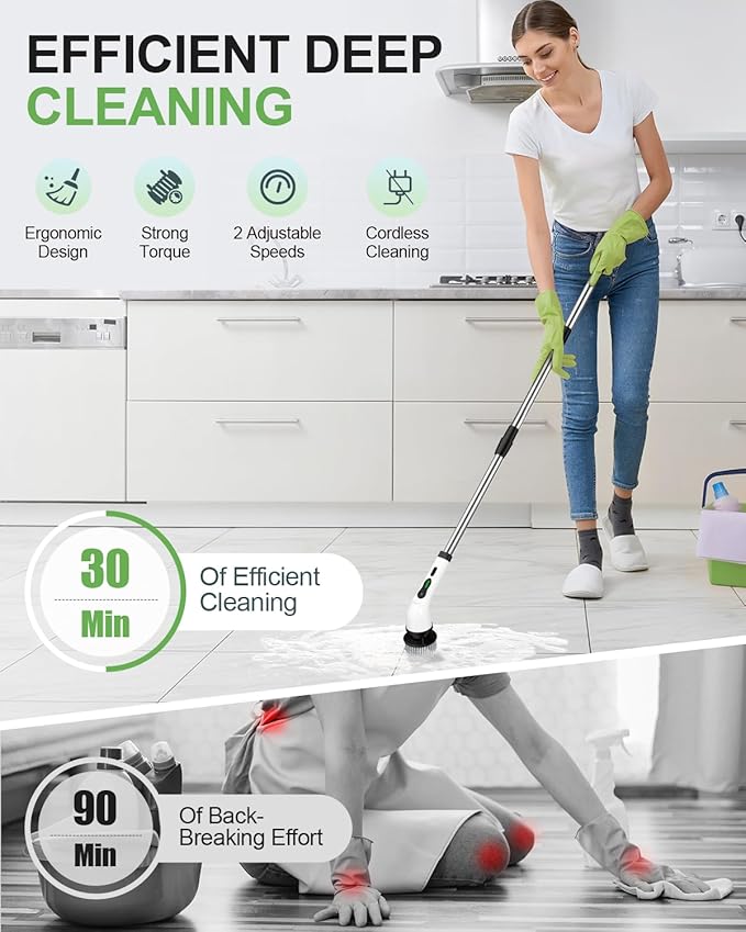 Electric Spin Scrubber, Cordless Cleaning Brush, Shower Scrubber IPX7 Waterproof Bathroom Scrubber, Adjustable Extension Handle, Floor Polishers 7 Heads 2H Power Dual Speed for Floor Car Cleaning.