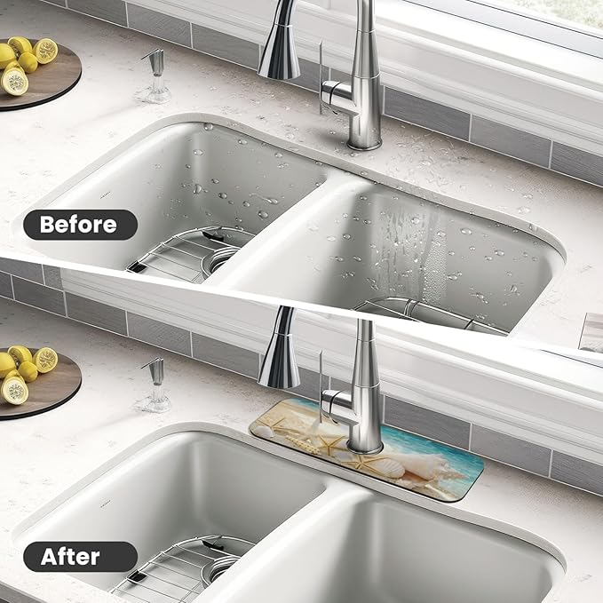 Summer Beach Starfish Sea Shell Blue Sky Sun Kitchen Sink Splash Guard Faucet Mat Super Absorbent Fast Drying Mat Sink Gadgets-Fast Drying Pad Sink Mat For Kitchen Bathroom (15" X 5.5" )