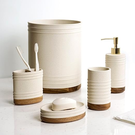 Allure Home Creation Marson Resin in Stone Finish with Natural Color Wooden Base Wastebasket 1.80 gallons